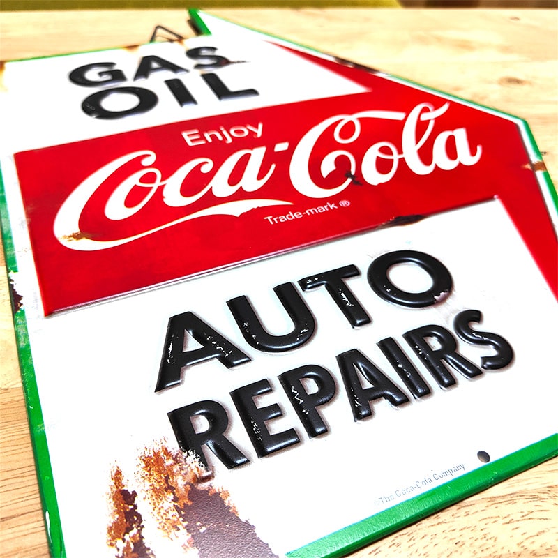 Coca Cola（コカコーラ） ブリキ看板 Gas Oil Auto Repairs Rustic