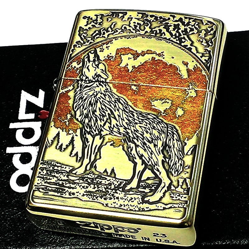 ZIPPO 狼 ウルフデザイン ジッポ ライター 彫刻 オオカミ WOLF DESIGN アンティークゴールド メンズ 真鍮メッキ ギフト
