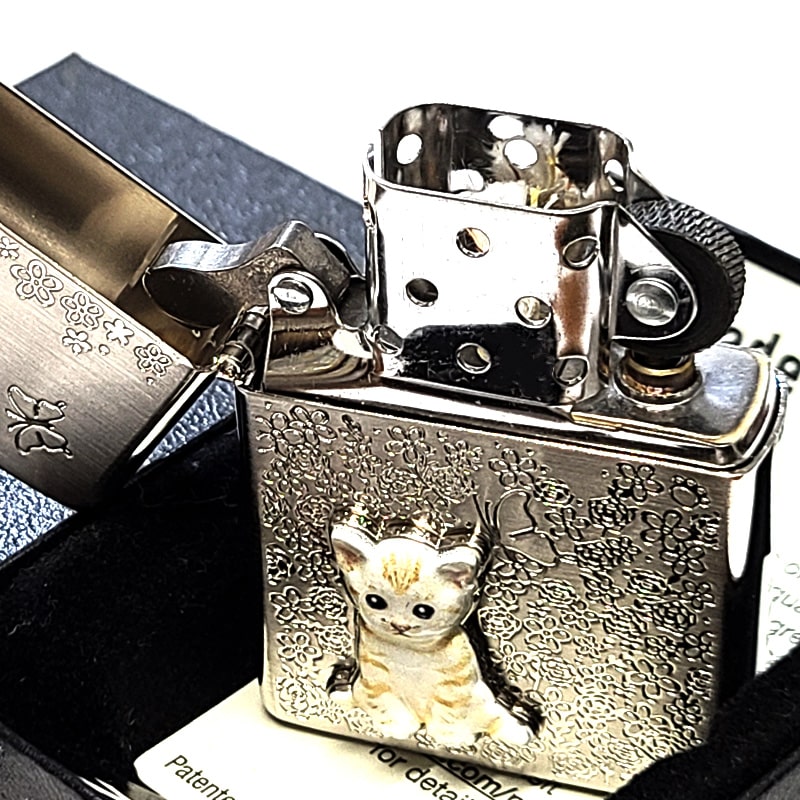 ZIPPO ライター ネコ メタル 花柄 ジッポ 猫 ホワイトニッケル