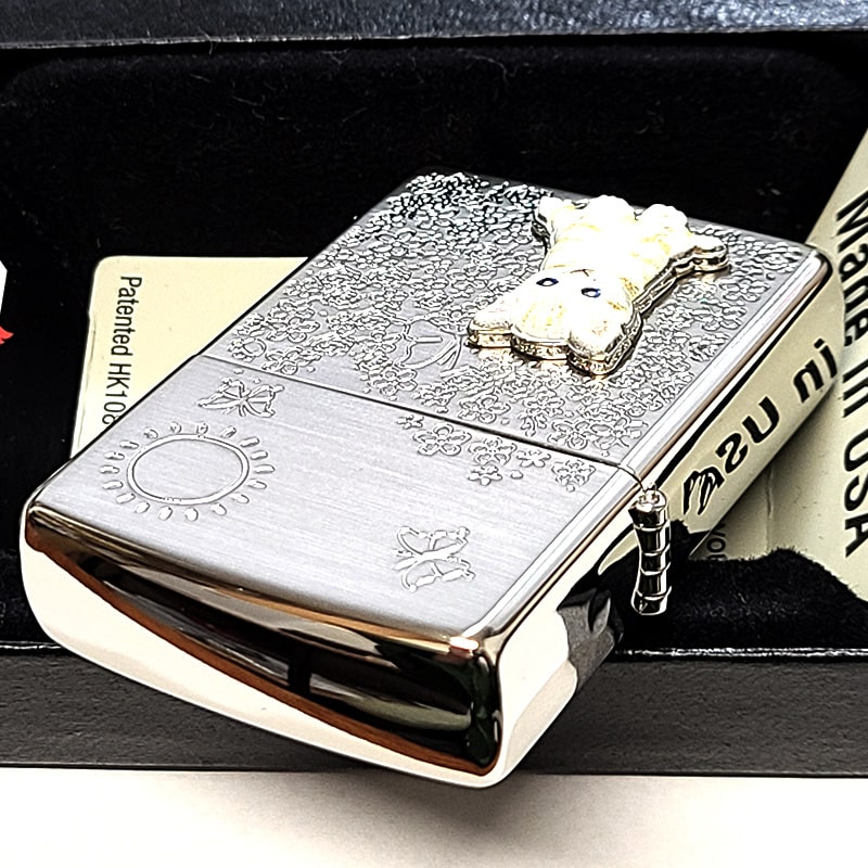 ZIPPO ライター ネコ メタル 花柄 ジッポ 猫 ホワイトニッケル