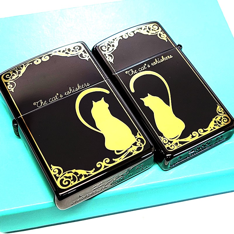 開封未使用 ZIPPO ラブ シルエット ブラック×ゴールド キャット レギュラーモデル スリムモデル ペアセット ギフト ジッポー 屯田店 ZIPPO（ジッポー） ペア セット 猫 スリム ジッポ ライター ラブ