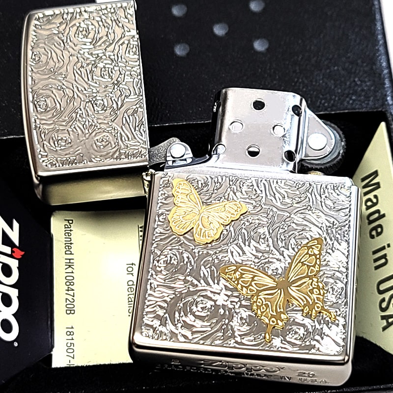 ZIPPO（ジッポー） ライター 蝶と薔薇 ジッポ 可愛い ホワイトニッケル