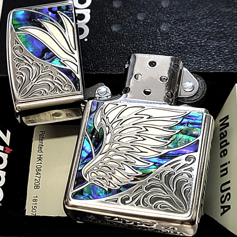 ZIPPO ライター メタルシェルウイング ジッポ ロゴ 天使の羽 シルバー 燻し 黒蝶貝 白蝶貝 彫刻 両面加工 かっこいい 貝貼り象嵌 おしゃれ  : metalshellwing-sv : Zippoタバコケース喫煙具のハヤミ - 通販 - Yahoo!ショッピング