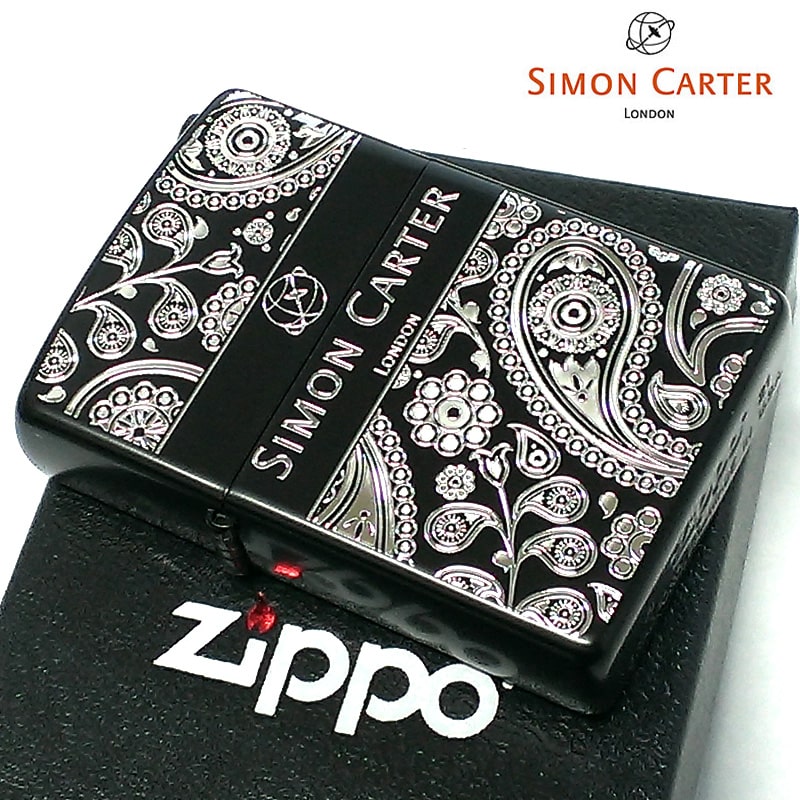 ZIPPO ライター サイモンカーター ジッポ ペイズリ― マットブラック×シルバー 艶消し 黒 彫刻 おしゃれ メンズ ブランド ギフト