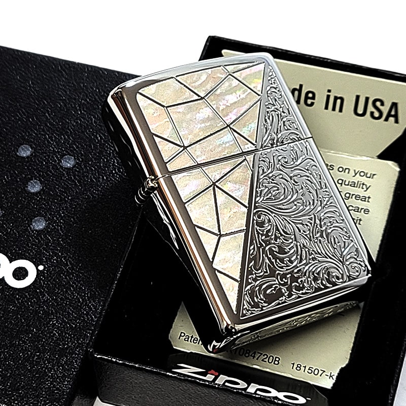 ZIPPO ライター トライアングル アラベスク ホワイトシェル模様