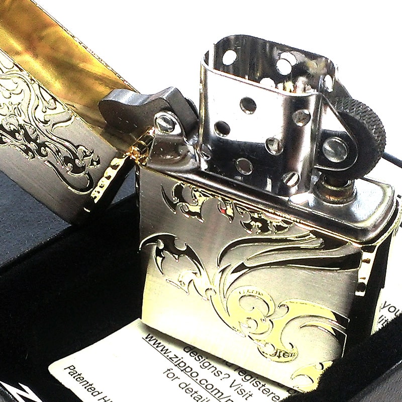 ZIPPO ライター 龍 トライバルビースト ジッポ ドラゴン かっこいい 和柄 リューター加工 ゴールド おしゃれ 彫刻 金差し 両面加工 メンズ