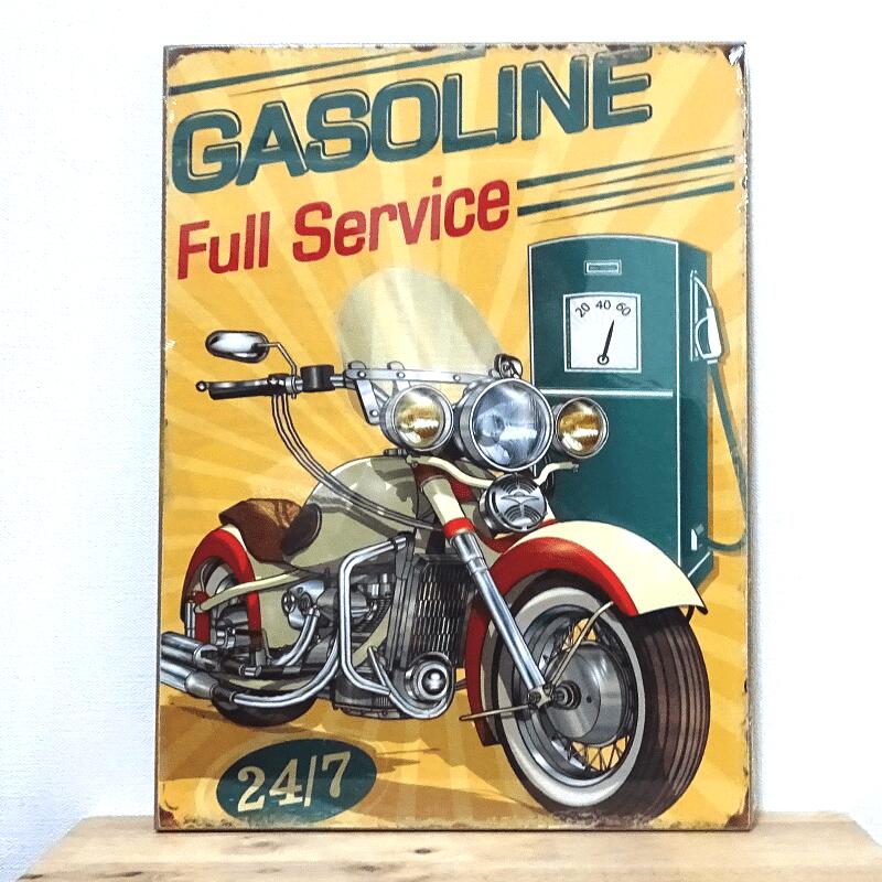アメリカン レトロ 木製看板 バイク GASOLINE Full Service