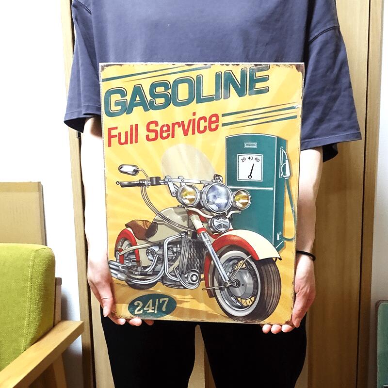 アメリカン レトロ 木製看板 バイク GASOLINE Full Service