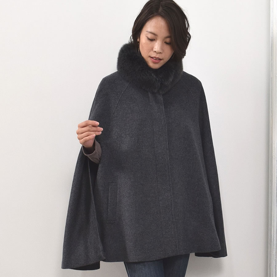 Y´s｜ワイズ 12AW ケープコート ポンチョ カットオフ ファー付 ブラック-