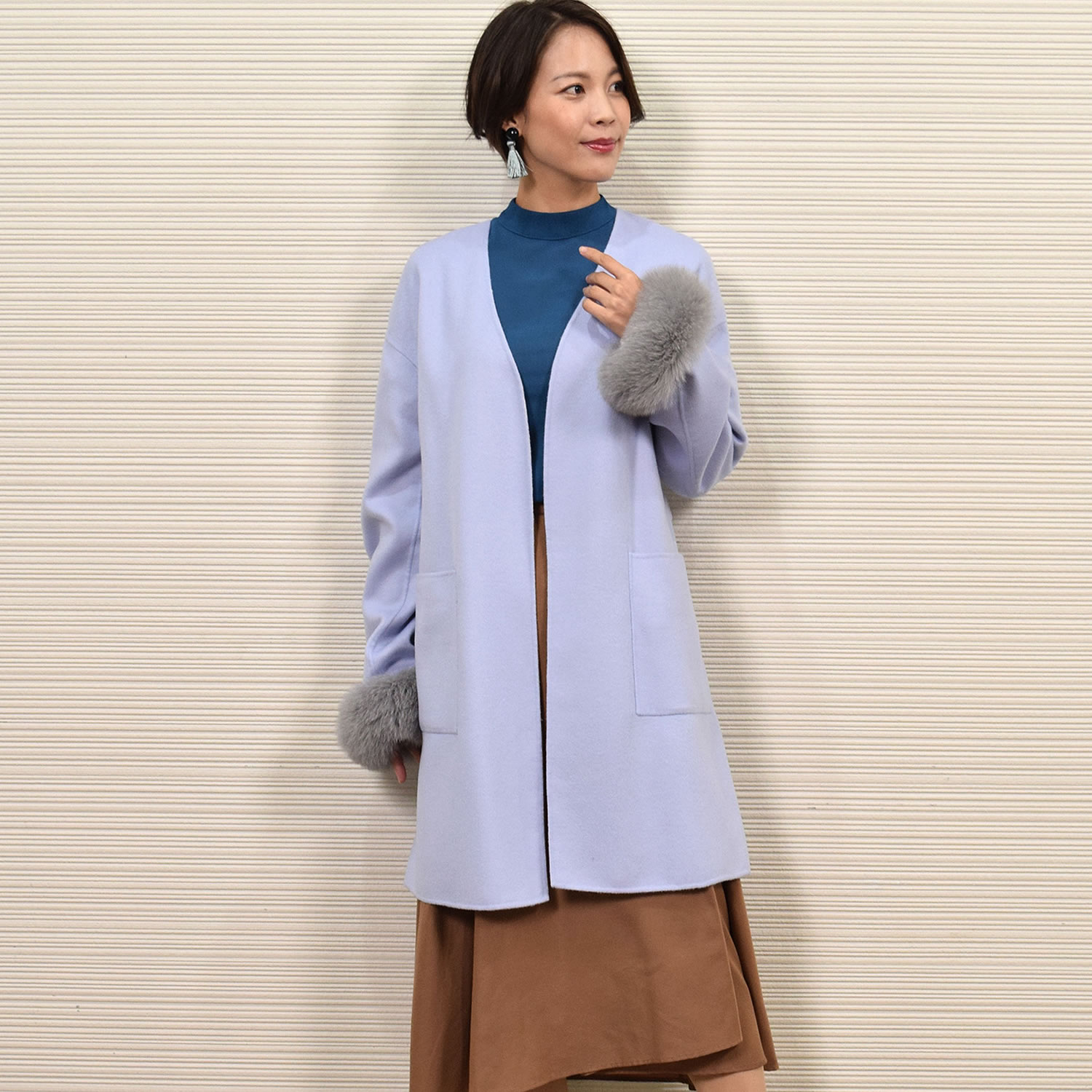 ノーラペルコート  カシミヤ カシミア 混  フォックス付  ウール フード 一枚仕立て 通勤 秋冬 (ca3066) |  | 04