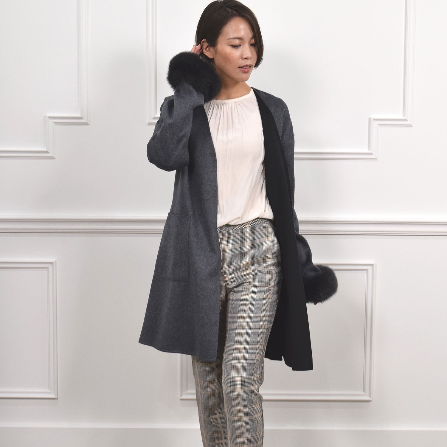 ノーラペルコート  カシミヤ カシミア 混  フォックス付  ウール フード 一枚仕立て 通勤 秋冬 (ca3066) |  | 03