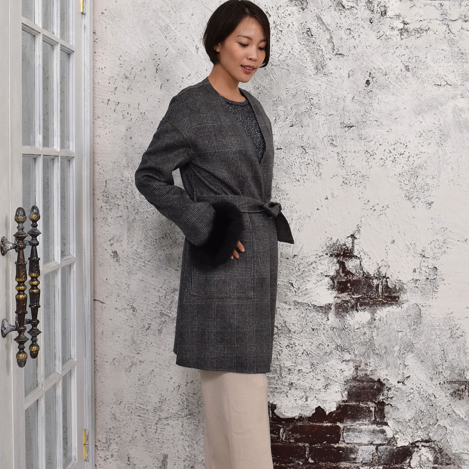 ノーラペルコート  カシミヤ カシミア 混  フォックス付  ウール フード 一枚仕立て 通勤 秋冬 (ca3066) |  | 02