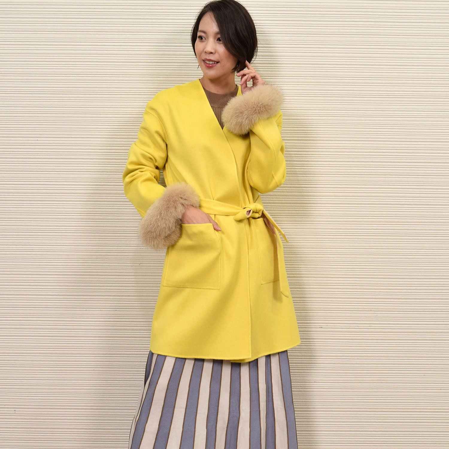 ノーラペルコート  カシミヤ カシミア 混  フォックス付  ウール フード 一枚仕立て 通勤 秋冬 (ca3066) |  | 01