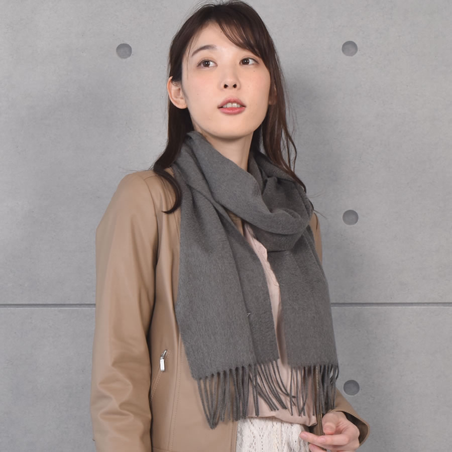 カシミヤ100% グレー マフラー リバーシブル　フリンジ付き Merfirge カシミヤマフラー カシミヤ マフラー フリンジ