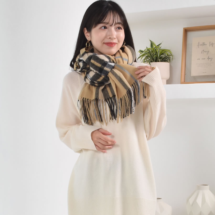 Merfirge ストール チェック カシミヤ混ウールストール カシミヤ