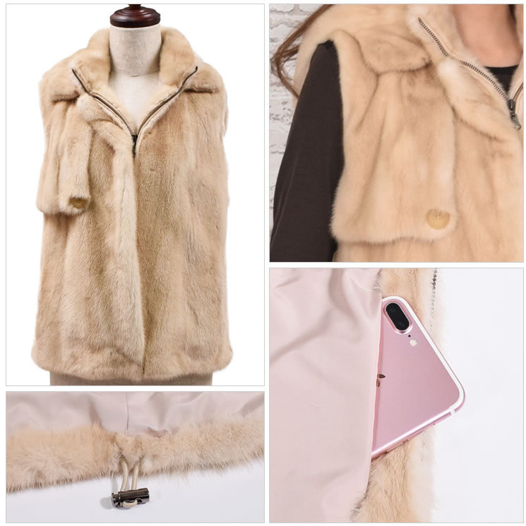 sahara パールクロスミンク ショート丈 ベスト コート なめし柔らか ファーコートSAGA パロミノ ミンクベスト フード付 (mb2381