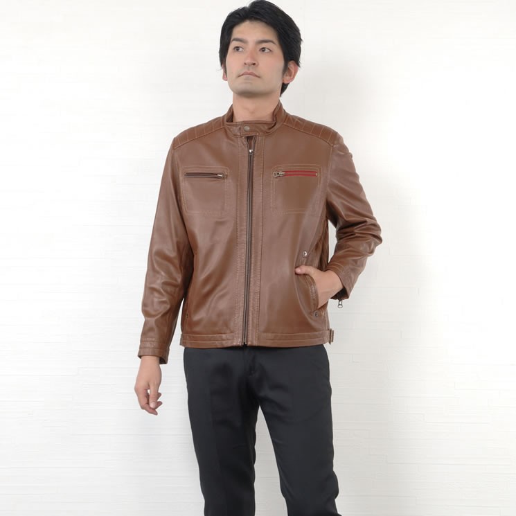 羊革　ライダースジャケット　取り外しリアルファー付き　ダークブラウン 本革 ラム レザー ライダース メンズ ジャケット 本皮 シングル