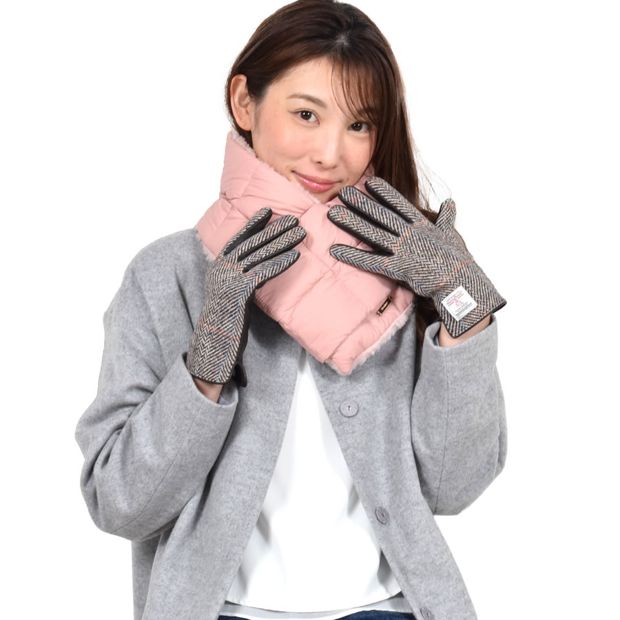 ダウンマフラー＆ハリスツイード 手袋 エコファー ギフト セット[Merfirge] Harris Tweed 本革 ラム革 レザー グローブ スマホ手袋 ウール クリスマス ギフト (XS2538) Merfirge ダウンマフラー＆ハリスツイード 手袋 エコファー ギフト
