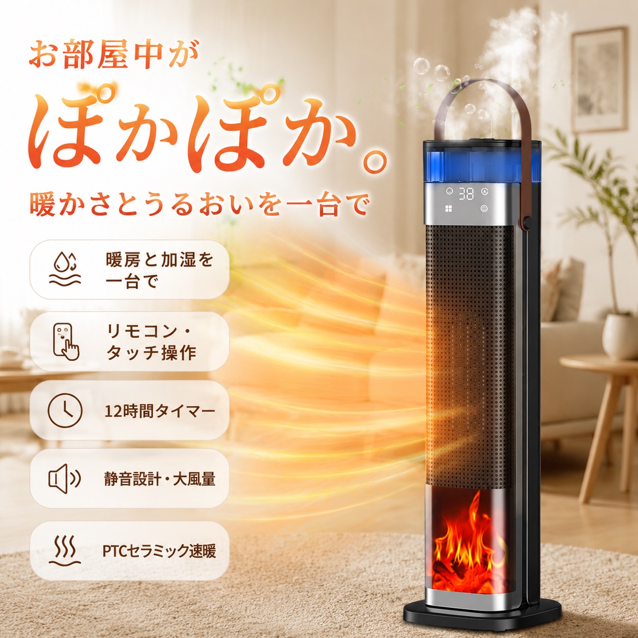 セラミックヒーター 加湿機能付き 3D疑似炎 タワー型 電気ストーブ 暖房器具 暖房＋加湿】セラミックヒーター タワー型 電気ストーブ 3D疑似炎