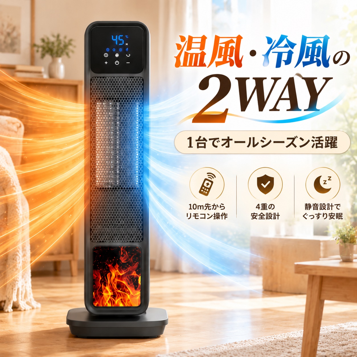 セラミックヒーター 縦型タワーヒーター 冷暖房 15〜45℃温度調節