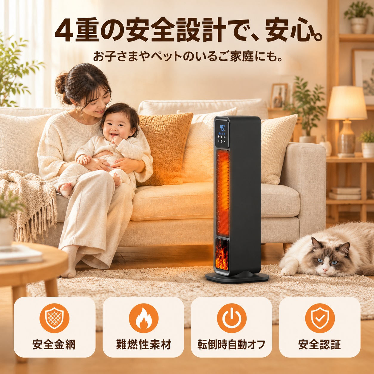 セラミックヒーター 縦型タワーヒーター 冷暖房 15〜45℃温度調節