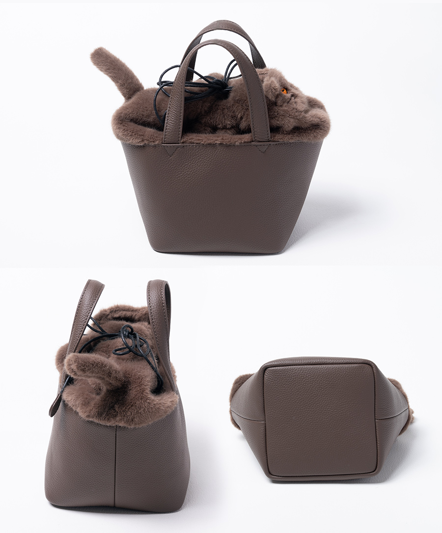 猫 ファーバッグ 本革トートバッグ ハンドバッグ ねこ ネコ おしゃれ レディース【Minetcuir ミネットキュイール】
