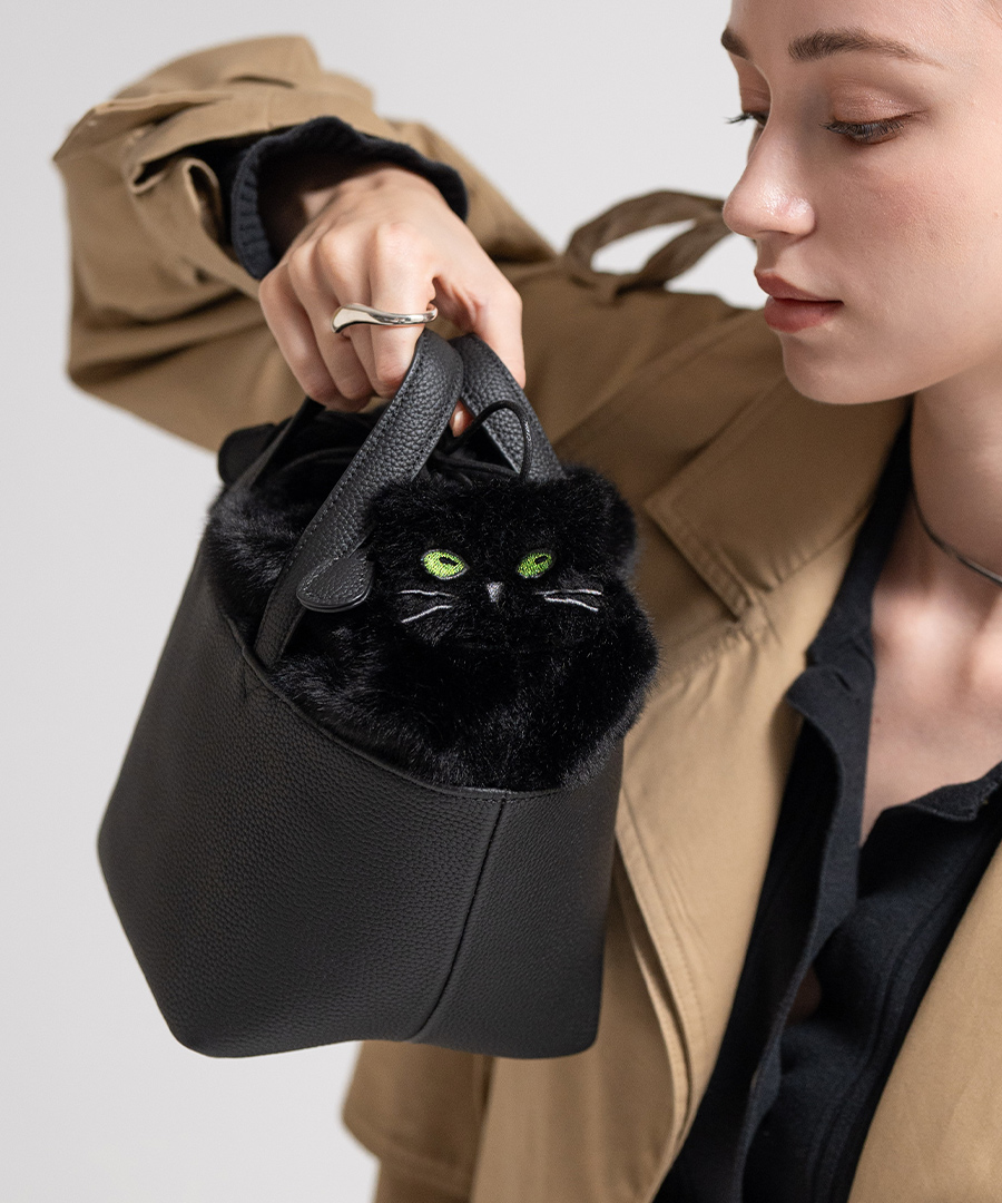 猫 ファーバッグ 本革トートバッグ ハンドバッグ ねこ ネコ おしゃれ レディース【Minetcuir ミネットキュイール】