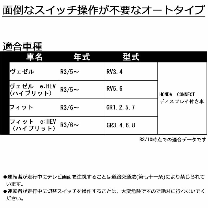 テレビキャンセラー フリーテレビング(オートタイプ) ヴェゼル(RV3.4)R3/5~ HONDA CONNECTディスプレイ付き車 走行中  FFT-234 フジ電機工業 ブルコン : fft-234-vezel : パネル王国 - 通販 - Yahoo!ショッピング