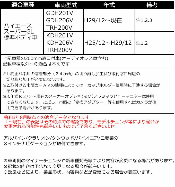 トヨタ ハイエース H25/12~現在(KDH201V KDH206V TRH200V GDH201V