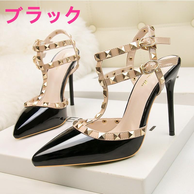 スタッズ付き 結婚式 ハイヒール パンプス パーティー ピンヒール アンクルストラップ レディース 靴 サンダル ヒール10cm エナメル | ブランド登録なし | 01