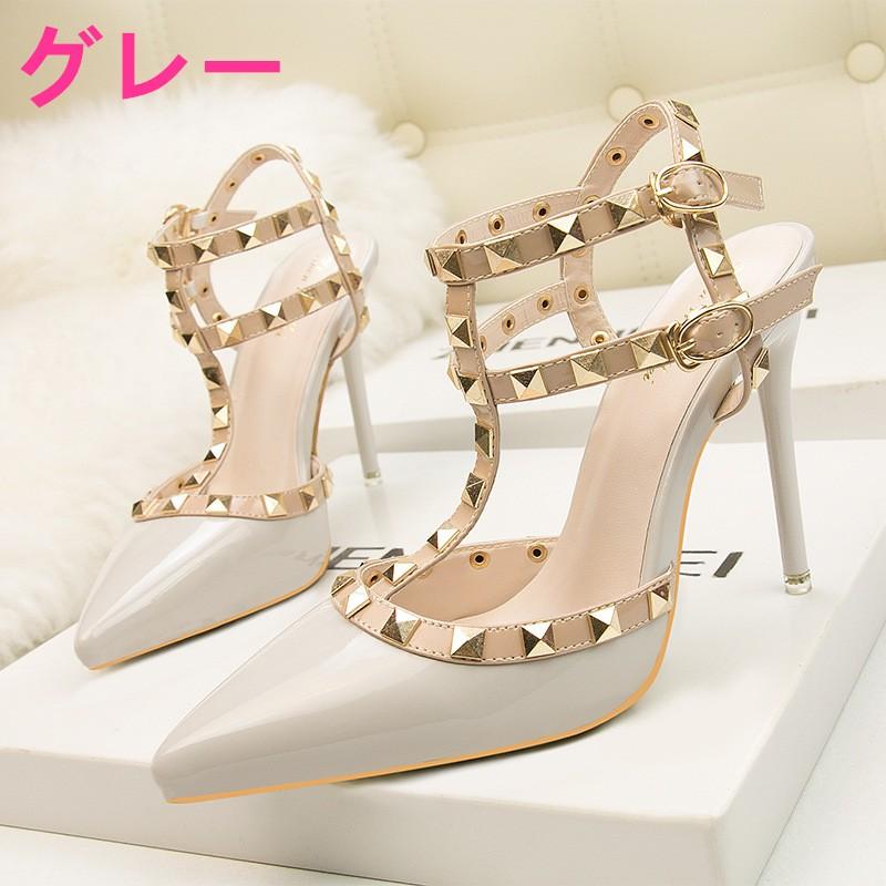 スタッズ付き 結婚式 ハイヒール パンプス パーティー ピンヒール アンクルストラップ レディース 靴 サンダル ヒール10cm エナメル | ブランド登録なし | 02