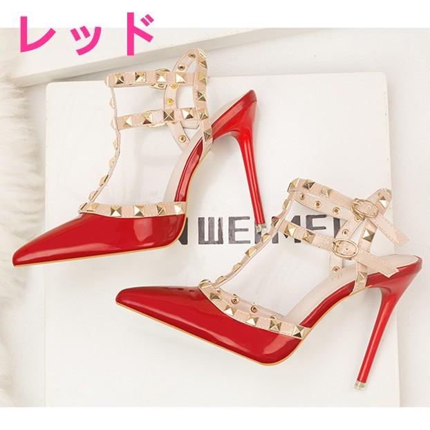 スタッズ付き 結婚式 ハイヒール パンプス パーティー ピンヒール アンクルストラップ レディース 靴 サンダル ヒール10cm エナメル | ブランド登録なし | 03