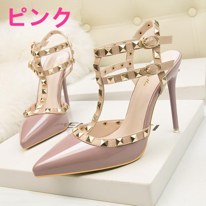スタッズ付き 結婚式 ハイヒール パンプス パーティー ピンヒール アンクルストラップ レディース 靴 サンダル ヒール10cm エナメル | ブランド登録なし | 05
