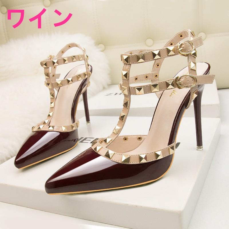 スタッズ付き 結婚式 ハイヒール パンプス パーティー ピンヒール アンクルストラップ レディース 靴 サンダル ヒール10cm エナメル | ブランド登録なし | 06