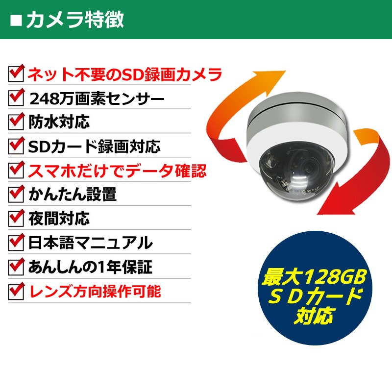防犯カメラ ドーム型 PTZ SDカード録画 パン チルト ズーム 防水 wifi