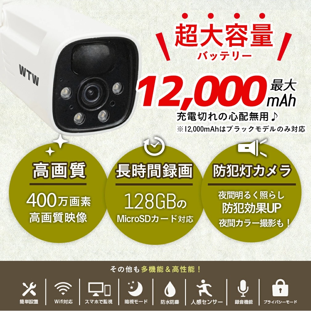 防犯カメラ 塚本無線 WTW ちび太PRO 400万画素 SDカード録画 防水 ワイヤレス バッテリー ソーラー ちび太 WTW-E2634W  microSDカードセット : 1310996925 : HDCトータルプロショップ ヤフー店 - 通販 - Yahoo!ショッピング