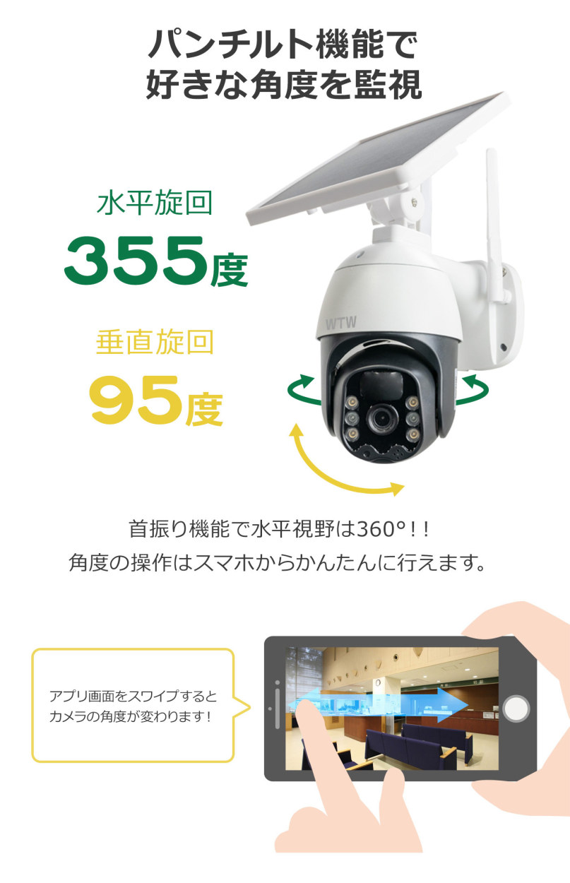 防犯カメラ ソーラーカメラ スマホ Wi-Fi マイク 屋外軒下仕様