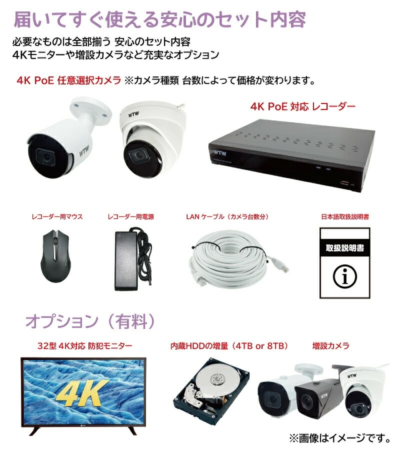 防犯カメラ 塚本無線 4K PoE 給電 監視カメラ レコーダー セット 800万画素 高画質 WTW WTW-NV404EP6  WTW-PRP9020EASD3 WTW-PRP9130ESD3