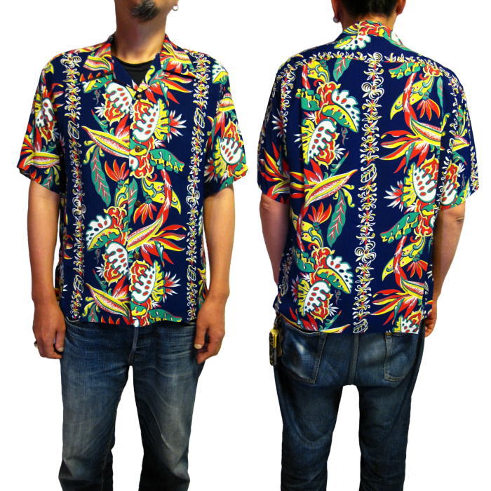 SUN SURF アロハシャツ Mサイズ ネイビー SUN SURF サンサーフ アロハシャツ BIRD OF PARADISE＆MONSTERA
