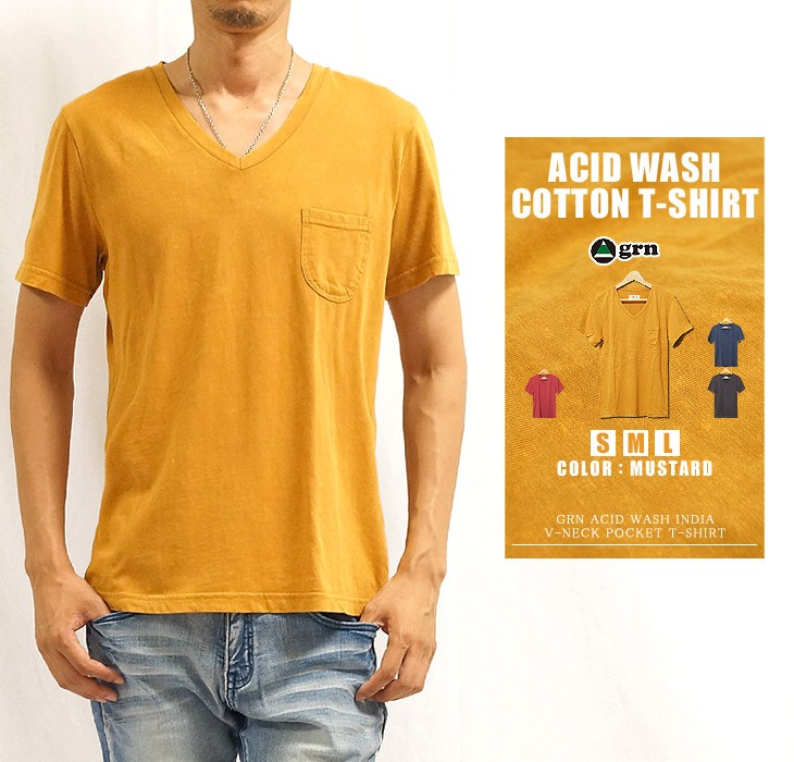 grn Tシャツ メンズ 半袖Tシャツ アシッドウォッシュ天竺