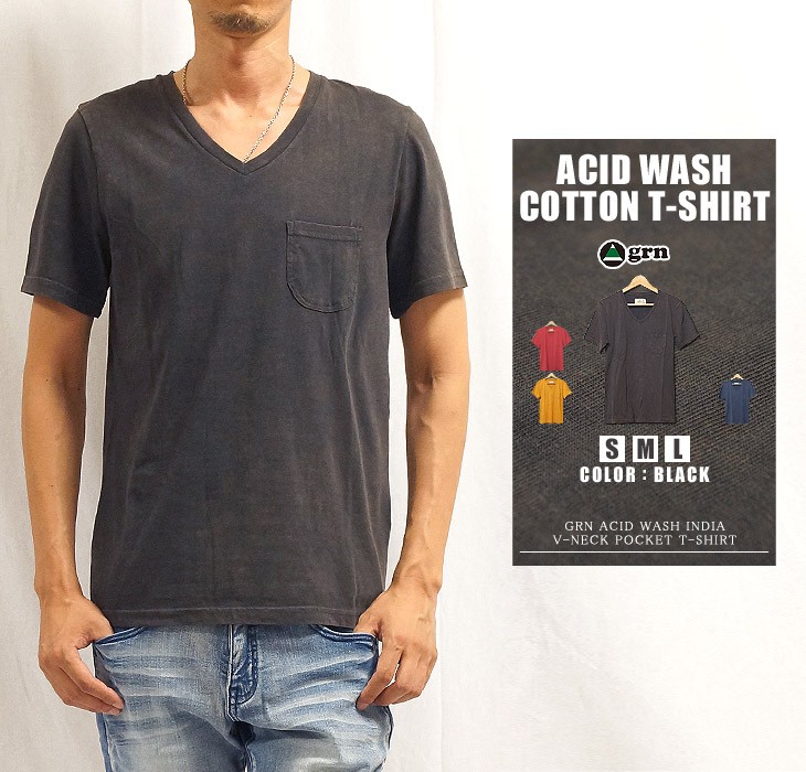 grn Tシャツ メンズ 半袖Tシャツ アシッドウォッシュ天竺