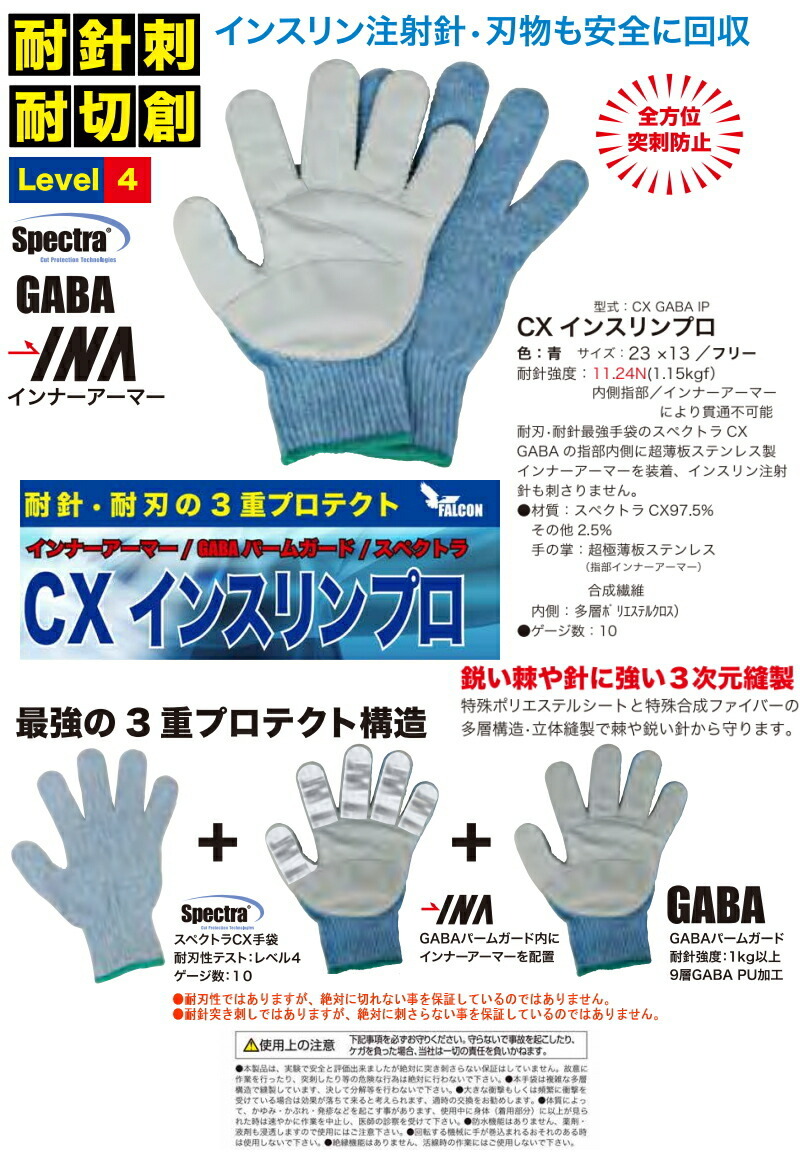 耐針 耐切 手袋 CX インスリンプロ 青 両手 【FALCON】』 : Healing