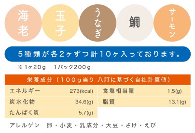 海老、卵、うなぎ、鯛、サーモン図