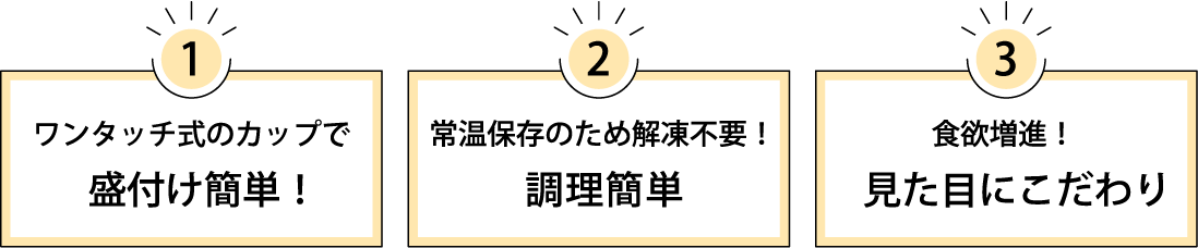 エバースマイルムース食こだわり。ワンタッチ式だから盛付け簡単！常温保存のため解凍不要で調理簡単！見た目にこだわり、食欲増進！