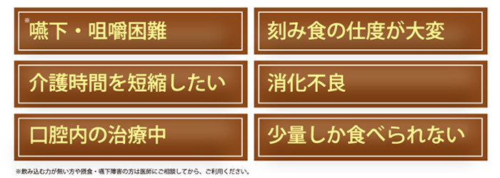 嚥下・咀嚼困難　刻み食の仕度が大変　介護時間を短縮したい　消化不良　口腔内の治療中　少量しか食べられない