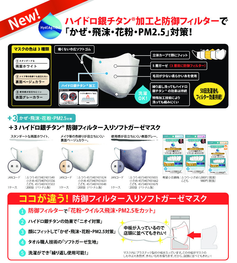 みんなのお薬ビューティコスメ店ハイドロ銀チタン 防御フィルター入り ソフトガーゼマスク ふつうサイズ 1枚入 表ホワイト 裏ホワイト 4個セット  直輸入品激安