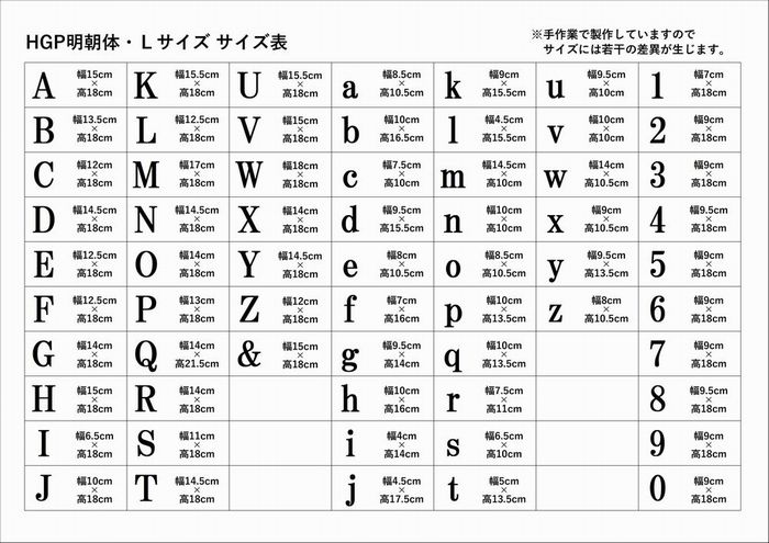 木製アルファベット文字 ナンバー ＨＧＰ明朝体 Ｌサイズ高さ