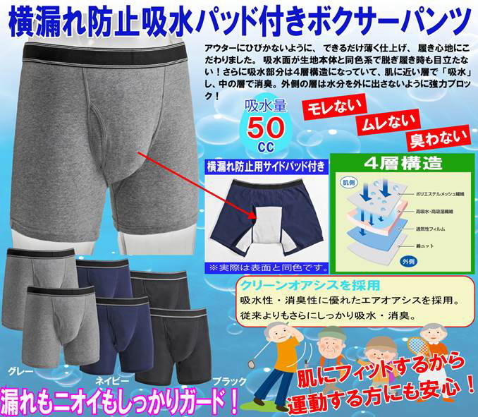 横漏れ防止吸水パッド付ボクサーパンツ 6枚組 尿漏れパンツ 失禁パンツ
