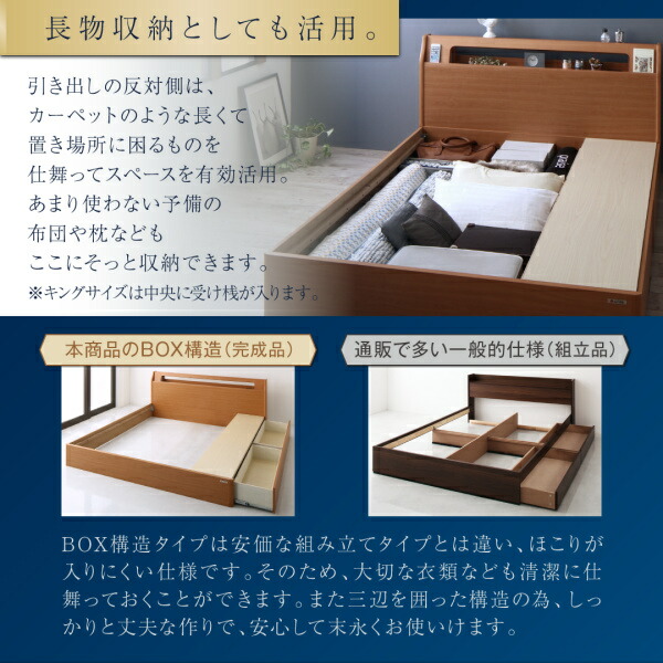 日本直売 高級アルダー材ワイドサイズデザイン 収納ベッド 最高級 国産 ナノポケットコイルマットレス付き ライトタイプ キング