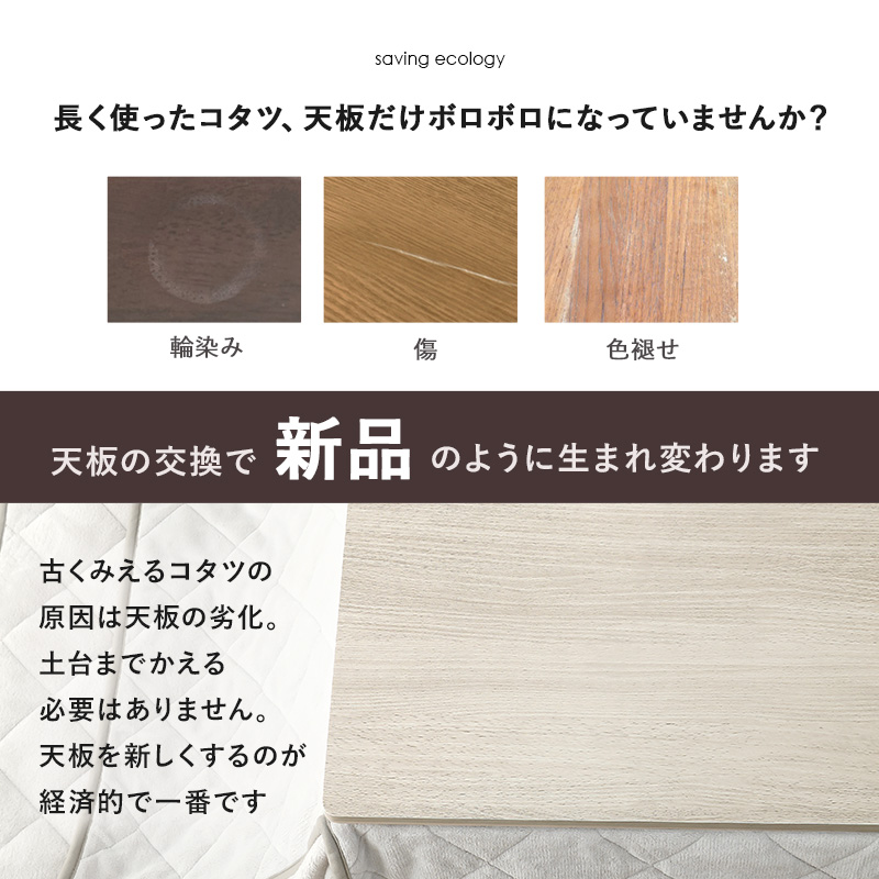 こたつ天板 単品 正方形 80×80cm リバーシブル 木目 シンプル 水や汚れに強い PVCシート フラット 角丸 おしゃれ｜heartfelt-kagu｜03